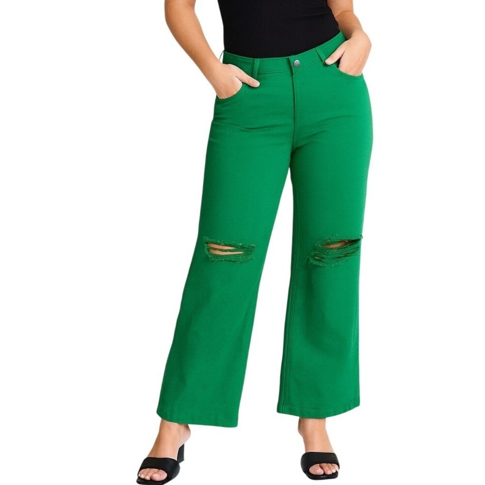 Adika Jeans L High Rise Wide Leg Green Denim‎ Distressed Ripped Knee Button Fly